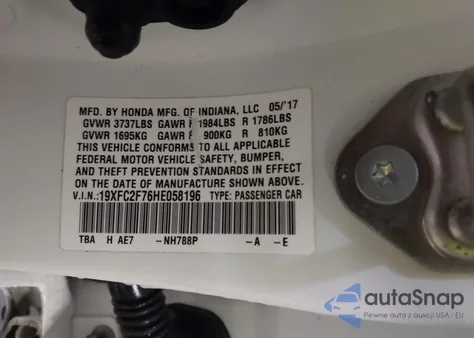 2017 Honda Civic Ex z USA, uszkodzony, nr VIN 19XFC2F76HE058196